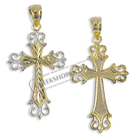 14k Gold Cross Pendant - Floral and Chevron with White Gold (29mm)
