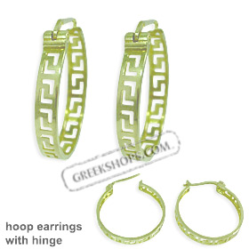 14k Gold Hoop Earrings - Greek Key Motif with Hinge (27mm)