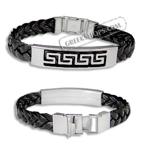 Braided Leather and Stainless Steel Bracelet - Greek Key Motif
