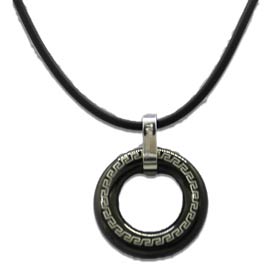 Stainless Steel Pendant - Greek Key Motif Ring (23mm) w/ 16" rubber cord