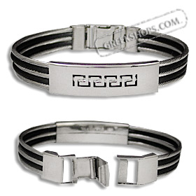 Rubber and Stainless Steel Bracelet - Alternating Strands with Greek Key