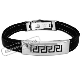Leather and Stainless Steel Bracelet - Greek Key Motif Cut Out