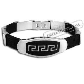 Rubber and Stainless Steel Bracelet - Greek Key Motif Oval
