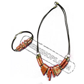 Ceramic Necklack & Bracelet leather set K370_B220 redgold