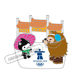 Vancouver 2010 Miga and Quatchi at Chinese Gate Pin
