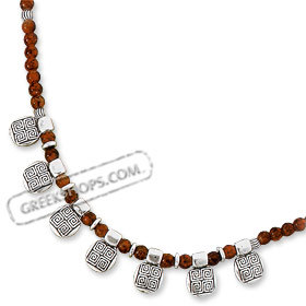 Archaic Earth Stone Necklace - Carnelian with Greek Key Motif Pendants