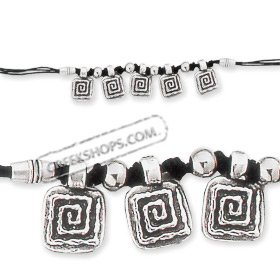 Archaic Knotted Necklace - Black Cord with Greek Key Motif Pendants