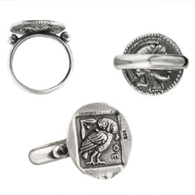 The Athena Collection - Sterling Silver Ring - Owl and Athena Coin Replica (17mm)