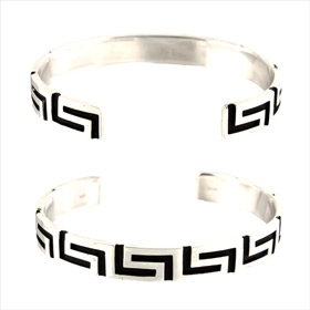 Sterling Silver Cuff Women's Bracelet - Greek Key Motif w/ Black Enamel (7mm) 