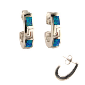 The Neptune Collection - Sterling Silver Hoop Earrings - Greek Key and Opal (19mm)