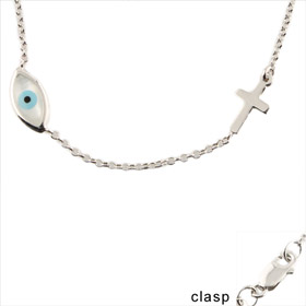 The Amphitrite Collection - Platinum Plated Sterling Silver Necklace - Mother of Pearl Mati & Cross 