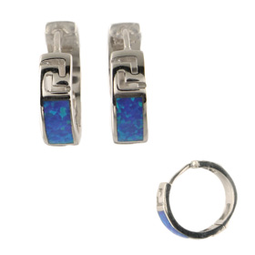 The Neptune Collection - Sterling Silver Hoop Earrings - Greek Key and Opal (18mm)