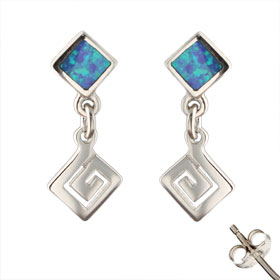 The Neptune Collection - Sterling Silver Earrings - Square Greek Key and Opal (22mm)