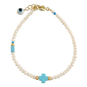 The Nefeli Collection -  Pearl Bracelet with Mother of Pearl Blue Cross and Evil Eye  (3mm beads)