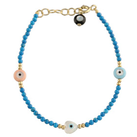 The Nefeli Collection - Blue Coral  Bracelet witth Triple Mother of Pearl Charms and Evil Eye (1.8 m