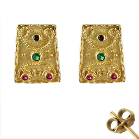 Justinian Collection - 24k Gold Plated Post Earrings - Trapezoid w/ Colored Cubic Zirconia (20mm)