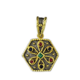 The Theodora Collection - 24k Gold Plated Two-tone Sterling Silver Hexagonal Byzantine Pendant 