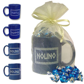 Royal Blue Coffee Mug Gift Package with Greek Candy for Grand Parents and God Parents 