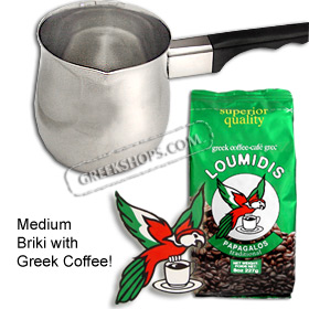 Greek Briki Coffee Pot w/ Loumidis Papagalos Greek Coffee Black
