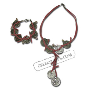 20 Lepta Coin Necklace and Bracelet Set (Pink) 