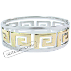 Stainless Steel Cuff Bracelet - Greek Key Motif Gold w/ Silver Border (22mm)