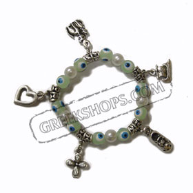 Light Green Evil Eye bracelet with charms & faux pearls