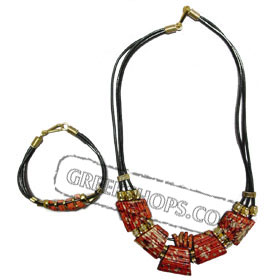 Ceramic Necklack & Bracelet leather set K400_B160 redgold