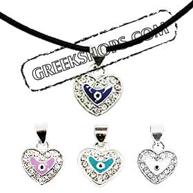 Rhinestone Heart Shaped Evil Eye Necklace w/ Leather Cord KI1065 (4 Color Options)