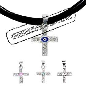 Rhinestone Cross w/ Evil Eye Necklace w/ Leather Cord KI1070 (4 Color Options)