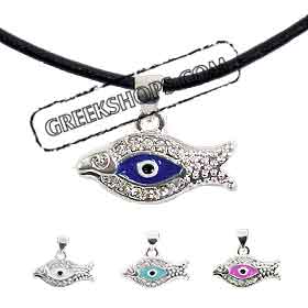 Rhinestone Fish Shaped Evil Eye Necklace w/ Leather Cord KI1075 (4 Color Options)