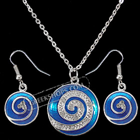 Blue Minoan Swirl Motif Necklace and Earring Set with Rhinestones