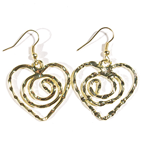 Hammered Heart Shaped Spiral Gold Color Earrings w/ French Hooks 