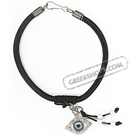 Rhinestone Mati Evil Eye Bracelet with Black Leather Cord BI210