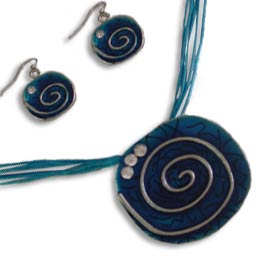 Enamel Swirl Motif Pendant w/matching cord and matching earrings - Turquoise  KEN125