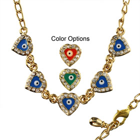 Heart Shaped Gold Colored Evil Eye Bracelet w/ Rhinestones (Color Options)