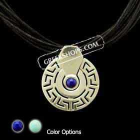 Sterling Silver Greek Key Circular Medallion w/ Stone & Black Cord Necklace