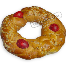 Tsoureki Greek Easter Bread w/ Three Red Eggs & Almonds 2.5lbs