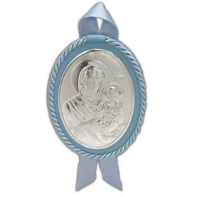 Sterling Silver Icon of Virgin Mary for Baby Room Wall or Crib - Blue 