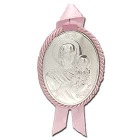 Sterling Silver Icon of Virgin Mary for Baby Room Wall or Crib - Pink