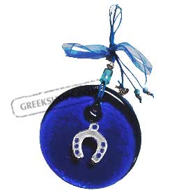 Blue Glass Good Luck Charm Round Ornament w/ Horseshoe Decoration (12cm)