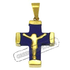 18 Gold & Blue Lapis Glass Cross Crucifix