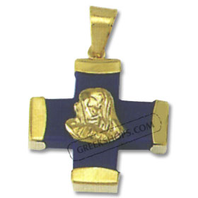 18k Gold & Blue Lapis Cross Virgin Mary