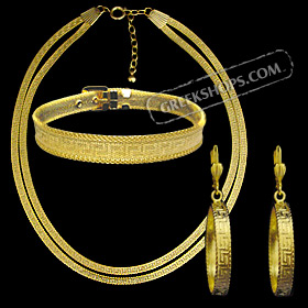 The Prestige Collection - Gold Overlay Greek Key Double Strand Necklace, Bracelet & Earrings Set