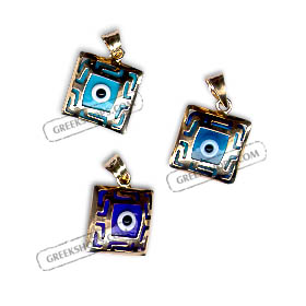 14k Gold Evil Eye Square Greek Key 2-Sided Pendant 10mm
