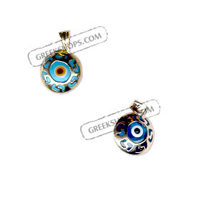 14k Gold Evil Eye Greek Key Circular Pendant 10mm