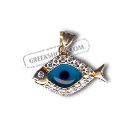 14k Gold Evil Eye Pendant - Fish-Shaped with Cubic Zirconia (20mm)