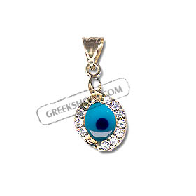 14k Gold Evil Eye Pendant - Eye-Shaped with Cubic Zirconia (12mm)