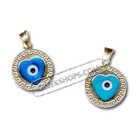 14k Gold Evil Eye Circular Pendant - Heart Center Greek Key (12mm)
