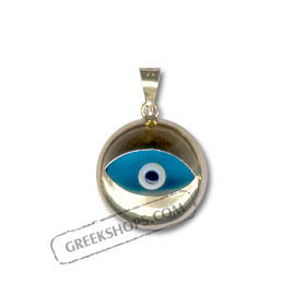 14k Gold Evil Eye Circular Pendant - Clear Blue (15mm) 