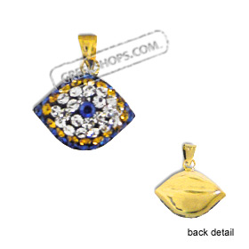 14k Gold Pendant - Eye Shape with Blue, Yellow & White Swarovski (14mm)